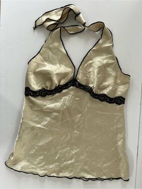 Halo Cream Satin Halter Chemise with Black Lace Trim